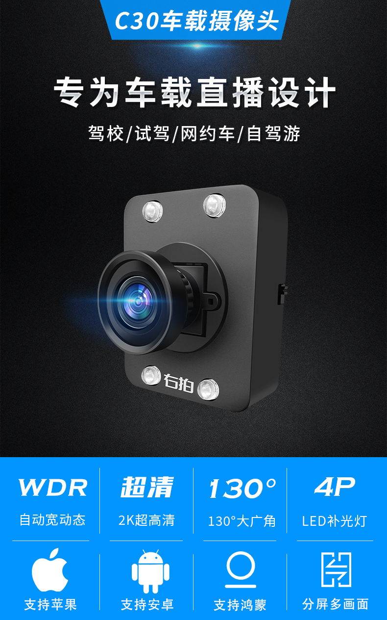 右拍C30车载直播摄像头